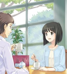 Rule 34 | 1boy, 1girl, black hair, brown eyes, brown hair, cup, denchuubou, eye contact, highres, holding, holding cup, ikeda ken, indoors, looking at another, new horizon, official art, okada yumi, open mouth, plant, short hair, spoon, table, window