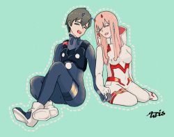 Rule 34 | 10s, 1boy, 1girl, bad id, bad twitter id, black bodysuit, black hair, blue horns, bodysuit, breasts, closed eyes, commentary request, couple, crossed legs, darling in the franxx, eyes visible through hair, gloves, hetero, hiro (darling in the franxx), holding hands, horns, long hair, medium breasts, oni horns, pilot suit, pink hair, red horns, seiza, short hair, signature, sitting, uchikun palette, white bodysuit, white gloves, zero two (darling in the franxx)