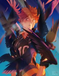 Rule 34 | 1boy, ball, bird, blue background, blush, brown eyes, crow, dated, feathers, gradient background, haikyuu!!, highres, hinata shouyou, looking at viewer, male focus, open mouth, orange hair, re it0, simple background, solo, sportswear, twitter username, upper body, volleyball uniform