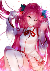 Rule 34 | 1girl, absurdres, detached sleeves, female focus, gus yoga, hatsune miku, highres, long hair, mouth hold, necktie, open \m/, petals, pink eyes, pink hair, sakura miku, sitting, skirt, smile, solo, thighhighs, twintails, very long hair, vocaloid, wink