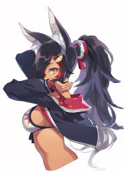 Rule 34 | 1girl, animal ear fluff, animal ears, arms up, bikini, bikini under clothes, black hair, black jacket, breasts, commentary request, cropped torso, dark-skinned female, dark skin, female focus, from side, highres, hololive, jacket, long hair, long sleeves, looking at viewer, looking to the side, medium breasts, multicolored hair, ookami mio, ookami mio (hololive summer 2019), open clothes, open jacket, ponytail, profile, red hair, sideboob, sideways glance, solo, streaked hair, swimsuit, tugo, two side up, upper body, virtual youtuber, white bikini, wolf ears, wolf girl