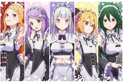 Rule 34 | 5girls, anastasia hoshin, blue eyes, blunt bangs, bow, bowtie, braid, brown eyes, capelet, collage background, crusch karsten, detached sleeves, dress, emilia (re:zero), felt (re:zero), flower, frilled dress, frills, green hair, hair between eyes, hair flower, hair ornament, hands on own hips, hands up, highres, holding, holding tray, long hair, maid, maid headdress, multiple girls, own hands clasped, own hands together, parted lips, ponytail, priscilla barielle, purple eyes, purple hair, re:zero kara hajimeru isekai seikatsu, red eyes, ribbon, roswaal mansion maid uniform, scowl, smile, swept bangs, tray, white hair, yomo (rb crr)