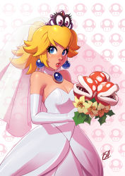 Rule 34 | 2girls, absurdres, artist name, bare shoulders, blonde hair, blue eyes, bouquet, breasts, bridal veil, bride, choker, cleavage, dirty ero, dress, earrings, elbow gloves, eyelashes, flower, gloves, highres, holding, holding bouquet, jewelry, leaf, lips, looking at viewer, mario (series), medium breasts, multiple girls, nintendo, nose, nostrils, parted lips, pendant choker, pink lips, piranha plant, plant, polka dot, ponytail, princess peach, sharp teeth, short hair, signature, standing, strapless, strapless dress, super mario odyssey, super mushroom, teeth, tiara, tiara (mario), veil, wedding, wedding dress, white choker, white dress, white gloves