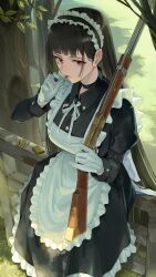 Rule 34 | 1girl, absurdres, apron, black hair, black shirt, black skirt, breasts, bullet, cigarette, closed mouth, commentary, english commentary, frilled hairband, frills, goback, gun, hairband, highres, holding, holding gun, holding weapon, large breasts, long hair, long sleeves, looking at viewer, maid, maid apron, maid headdress, original, puffy long sleeves, puffy sleeves, red eyes, ribbon, shirt, skirt, smoking, solo, tree, weapon, white apron, white ribbon