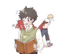 Rule 34 | 2boys, alternate eye color, alternate hair color, aqistory, bakugou katsuki, belt, black eyes, black hair, blank eyes, blonde hair, blue pants, boku no hero academia, book, boots, cape, closed mouth, commentary, dragon, dragon on shoulder, english commentary, freckles, fur-trimmed cape, fur trim, gloves, green vest, heart, highres, holding, holding book, knee pads, long sleeves, looking at another, male focus, midoriya izuku, mini dragon, multiple boys, official alternate costume, one eye closed, open mouth, pants, red cape, shirt, short hair, simple background, spiked hair, spoken heart, standing, topless male, vest, white background, white shirt