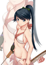 Rule 34 | 1girl, alternate costume, arrow (projectile), bikini, black hair, blue eyes, bow (weapon), breasts, commentary request, gloves, halterneck, holding, holding bow (weapon), holding weapon, houshou (kancolle), kantai collection, long hair, moke ro, navel, partially fingerless gloves, partly fingerless gloves, ponytail, sarong, see-through, side-tie bikini bottom, single glove, small breasts, standing, swimsuit, weapon, white bikini, yugake, yumi (bow), zoom layer