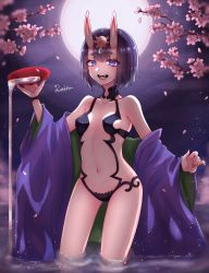 Rule 34 | 1girl, alcohol, bare shoulders, bob cut, breasts, cherry blossoms, collarbone, cup, eyeliner, fangs, fate/grand order, fate (series), full moon, headpiece, highres, horns, japanese clothes, kimono, long sleeves, looking at viewer, makeup, moon, night, night sky, off shoulder, oni, open clothes, open kimono, open mouth, petals, pouring, purple eyes, purple hair, purple kimono, rain (roromi), revealing clothes, sakazuki, sake, short hair, shuten douji (fate), skin-covered horns, sky, small breasts, smile, solo, thighs, wading, water, wide sleeves