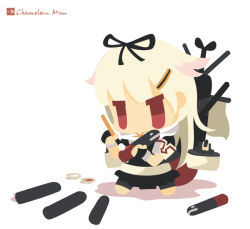 Rule 34 | 10s, 1girl, bad id, bad pixiv id, blonde hair, chameleon man (three), chibi, flat color, hair flaps, kantai collection, long hair, no lineart, red eyes, solo, white background, yuudachi (kancolle)