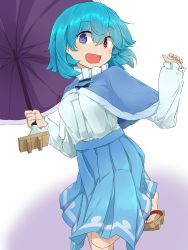 Rule 34 | 1girl, adapted costume, blue eyes, blue hair, blue skirt, bow, breasts, bright pupils, capelet, geta, gradient background, hair bow, hands up, heterochromia, high-waist skirt, highres, holding, holding umbrella, long sleeves, looking at viewer, medium breasts, open mouth, purple background, red eyes, skirt, smile, solo, standing, standing on one leg, tatara kogasa, touhou, tyouseki, umbrella, white background