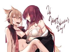 Rule 34 | 2girls, bare shoulders, black bra, black kimono, blonde hair, blush, bra, breasts, candy, chocolate, chocolate heart, choker, cleavage, collarbone, dated, faceless, faceless female, food, front-hook bra, gradient hair, hair between eyes, happy valentine, headphones, heart, heart print, highres, hijiri byakuren, japanese clothes, kimono, long hair, long sleeves, medium breasts, mouth hold, multicolored hair, multiple girls, navel, off shoulder, open clothes, open vest, parted lips, purple hair, red choker, shan, simple background, sitting, small breasts, smile, stomach, strap slip, touhou, toyosatomimi no miko, tsurime, underwear, very long hair, vest, white background, white bra, wide sleeves, yuri