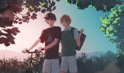 Rule 34 | 2boys, absurdres, aconitea, bad id, bad pixiv id, bicycle, black hair, brown hair, glasses, hand on another&#039;s shoulder, highres, looking at another, male focus, multiple boys, open mouth, outdoors, semi-rimless eyewear, shirt, shorts, smile, summer, sweater vest, t-shirt, talking, under-rim eyewear