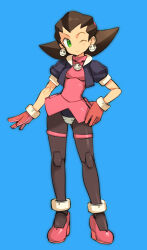 Rule 34 | 1girl, black hair, blue background, commentary request, cropped jacket, doll joints, dress, earrings, full body, gloves, green eyes, hair pulled back, hand on own hip, high heels, jacket, jewelry, joints, looking at viewer, mechanization, medium hair, mega man (series), mega man legends (series), one eye closed, open clothes, open jacket, pantyhose, pink dress, pink footwear, pink gloves, puffy short sleeves, puffy sleeves, robot joints, shimada fumikane, short sleeves, simple background, skull earrings, solo, tron bonne (mega man)