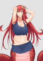 Rule 34 | 1girl, absurdres, armpits, arms behind head, breasts, commission, commissioner upload, grey background, hair ornament, head tilt, highres, lamia, large breasts, long hair, looking at viewer, miia (monster musume), miniskirt, monster girl, monster musume no iru nichijou, pointy ears, red hair, scales, simple background, sketch, skirt, smile, solo, sports bra, stomach, stormcow, sweat, wide hips, yellow eyes