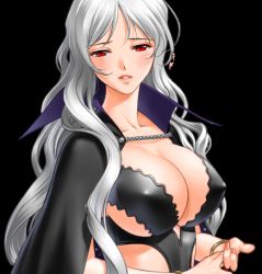 Rule 34 | 1girl, blush, breasts, cleavage, covered erect nipples, game cg, large breasts, long hair, majodou, marie marigold, red eyes, sano toshihide, silver hair, solo