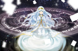 Rule 34 | 1girl, dress, floating card, green eyes, habit, index (toaru majutsu no index), long hair, magic circle, nun, own hands clasped, own hands together, praying, silver hair, smile, solo, space, toaru majutsu no index, yucca (sui linx)
