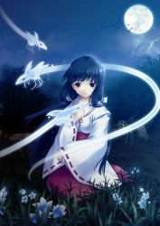 Rule 34 | 1girl, bellflower, bird, black hair, blurry, creature, depth of field, flower, full moon, grass, ihet, inuyasha, japanese clothes, kikyou (inuyasha), looking at viewer, miko, moon, moonlight, night, night sky, ribbon-trimmed sleeves, ribbon trim, sky, solo, tree, wide sleeves, yellow eyes