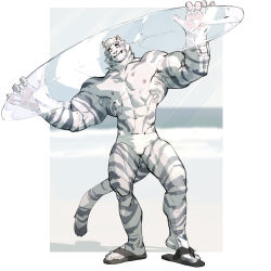 Rule 34 | 1boy, abs, animal ears, arknights, bara, biceps, bulge, chinese commentary, commentary request, full body, furry, furry male, highres, holding, holding surfboard, large pectorals, leaning to the side, looking at viewer, male focus, male swimwear, mountain (arknights), muscular, muscular male, pectorals, sandals, short hair, solo, surfboard, swim briefs, thick lips, thighs, tiger boy, tiger ears, topless male, white fur, white hair, white male swimwear, wincalblanke