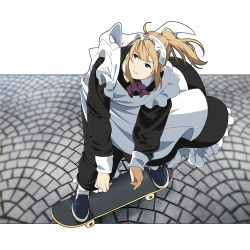 Rule 34 | 1girl, apron, blonde hair, commentary, maid, maid apron, maid headdress, original, ponytail, skateboard, skateboarding, solo, suzushiro (suzushiro333), white background