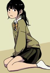 Rule 34 | 1girl, ankle socks, bad id, bad pixiv id, black hair, black skirt, bow, bowtie, brown bow, closed mouth, collared shirt, commentary request, frown, full body, highres, hosoo, light brown background, long sleeves, looking to the side, on ground, original, pleated skirt, ponytail, school uniform, shirt, simple background, sitting, skirt, socks, solo, white socks, wing collar