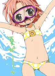 Rule 34 | bikini, brown eyes, diving mask, diving mask on eyes, flat chest, goggles, kogami akira, lucky star, pink hair, polka dot, polka dot bikini, polka dot swimsuit, short hair, solo, swimsuit, third-party edit, underwater