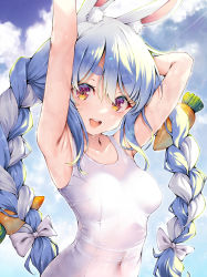 Rule 34 | 1girl, :d, animal ear fluff, animal ears, armpits, arms up, bare shoulders, blue hair, blue sky, blush, braid, breasts, casual one-piece swimsuit, covered navel, day, gradient eyes, hololive, kubota masaki, looking at viewer, multicolored eyes, multicolored hair, one-piece swimsuit, open mouth, orange eyes, outdoors, purple eyes, rabbit ears, round teeth, sky, small breasts, smile, swimsuit, teeth, thick eyebrows, twin braids, two-tone hair, upper teeth only, usada pekora, virtual youtuber, white hair, white one-piece swimsuit