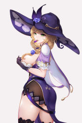 Rule 34 | 1girl, absurdres, artist request, ass, black thighhighs, blonde hair, blush, breasts, clothes pull, come hither, genshin impact, gloves, green eyes, hat, highres, large breasts, lisa (genshin impact), long hair, looking at viewer, purple hat, shiny skin, short shorts, shorts, sideboob, simple background, skirt, solo, thighhighs, thighs, white background