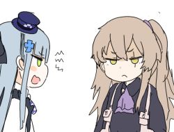 Rule 34 | 2girls, :&lt;, aged down, black dress, blush stickers, brown hair, crossed bangs, dress, girls&#039; frontline, green eyes, hair ornament, hat, hk416 (black kitty&#039;s gift) (girls&#039; frontline), hk416 (girls&#039; frontline), multiple girls, necktie, official alternate costume, open mouth, purple neckwear, shiming liangjing, side ponytail, simple background, top hat, ump45 (agent lop rabbit) (girls&#039; frontline), ump45 (girls&#039; frontline), white background, yellow eyes