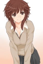 Rule 34 | 1girl, amagami, blush, breasts, brown eyes, brown hair, cleavage, commentary request, ganganganso, gradient background, highres, large breasts, long hair, looking at viewer, revision, sakurai rihoko, school uniform, simple background, skirt, smile, solo, sweater