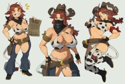 animal_ears animal_print belt bikini black_gloves blue_eyes boots breasts chaps cleavage cleavage_cutout clothing_cutout cow_ears cow_girl cow_horns cow_print cow_print_bikini cow_print_thighhighs cow_tail cowboy cowboy_boots cowboy_hat cowboy_western cowgirl_(western) crotch_cutout crotchless crotchless_pants flowers-imh gloves gluteal_fold gun handgun hat highres holster horns huge_breasts large_breasts long_hair midriff missing_tooth multiple_views narrow_waist open_mouth original panties pants print_bikini print_thighhighs red_hair revealing_clothes revolver rope simple_background smile swimsuit tail thighhighs underwear wanted_poster weapon western white_background white_panties