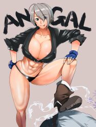 Rule 34 | 1girl, :p, angel (kof), areola slip, blue eyes, boots, breasts, cleavage, cropped jacket, fingerless gloves, gloves, highres, large breasts, long sleeves, panties, short hair, the king of fighters, tongue, tongue out, tunnderu07, typo, underwear, white hair, wrestling outfit