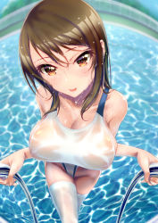 Rule 34 | 1girl, bare shoulders, blush, breasts, brown eyes, brown hair, collarbone, commission, competition swimsuit, covered erect nipples, day, fisheye, from above, grabbing, groin, hair between eyes, highleg, highleg swimsuit, highres, hikaru ga chikyuu ni itakoro, large breasts, long hair, looking at viewer, nekotama (tsuki), nipples, one-piece swimsuit, open mouth, outdoors, partially submerged, pool, pool ladder, poolside, ripples, see-through, shikibu honoka, sideboob, sidelocks, smile, solo, swimsuit, thighhighs, wading, water, wet, wet clothes, wet hair, wet legwear, wet swimsuit, white one-piece swimsuit, white thighhighs