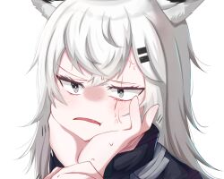 Rule 34 | 1girl, 1other, anger vein, animal ear fluff, animal ears, arknights, black jacket, fang, grey eyes, grey hair, hair between eyes, hair ornament, hairclip, hand up, highres, holding another&#039;s wrist, jacket, langou62797, lappland (arknights), long hair, out of frame, parted lips, simple background, upper body, white background