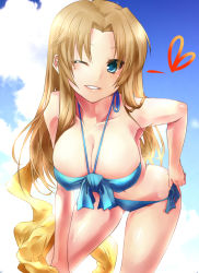 Rule 34 | 10s, 1girl, bad id, bad pixiv id, bandeau, bare shoulders, bent over, bikini, blonde hair, blue bikini, blue eyes, breasts, cleavage, front-tie top, grin, highres, idolmaster, idolmaster cinderella girls, large breasts, long hair, looking at viewer, matsumoto sarina, one eye closed, paopao, parted lips, shiny skin, side-tie bikini bottom, skindentation, smile, solo, swimsuit, wink