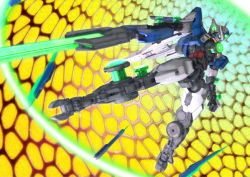 Rule 34 | 00 qan[t], blade, blue eyes, energy rings, from below, funnels (gundam), gundam, gundam 00, gundam 00 a wakening of the trailblazer, mecha, mobile suit, no humans, photo background, robographer, robot, science fiction, solo, sword, v-fin, weapon