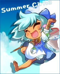 Rule 34 | &gt; &lt;, 1girl, :d, > <, arm up, barefoot, bloomers, blue bow, blue dress, blue hair, blue sky, bow, butterfly net, character name, cirno, cloud, commentary request, day, dress, english text, closed eyes, flower, full body, hair bow, hand net, hidden star in four seasons, ice, ice wings, kamui setsuna, morning glory, open mouth, pink flower, short hair, signature, sky, smile, solo, summer, sunflower, tan, tanned cirno, touhou, underwear, white bloomers, wings, xd