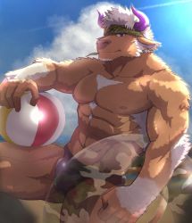 Rule 34 | 1boy, abs, animal ears, bara, bulge, chest hair, cow boy, cow ears, cow horns, cowboy shot, f-una, facial hair, furry, furry male, highres, horns, innertube, large pectorals, lifebuoy, male focus, manly, muscular, nipples, outdoors, pectorals, purple eyes, purple horns, shennong (housamo), solo, swim ring, swimsuit, thick thighs, thighs, tokyo houkago summoners, topless male, transparent, upper body, white hair
