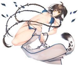 Rule 34 | 1girl, absurdly long hair, aged up, ahoge, animal ears, anju (utawarerumono), aquaplus, black hair, blue one-piece swimsuit, braid, breasts, cleavage, cleavage cutout, clothing cutout, curvy, from side, full body, fur, hair between eyes, hair ornament, highres, large breasts, long hair, lying, midriff, mitsumi misato, navel, official art, on back, one-piece swimsuit, orange eyes, petals, sideboob, sidelocks, sleeveless, solo, stretching, swimsuit, tail, thick thighs, thighs, tiger tail, transparent background, utawarerumono, utawarerumono: itsuwari no kamen, utawarerumono: lost flag, very long hair