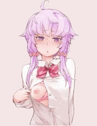 Rule 34 | 1girl, bad id, bad pixiv id, blush, bra, bra pull, breasts, breasts out, clothes pull, embarrassed, flashing, highres, mochi (mochi444420), neck ribbon, nipples, one breast out, open clothes, open shirt, purple eyes, purple hair, ribbon, underwear, vocaloid, voiceroid, yuzuki yukari