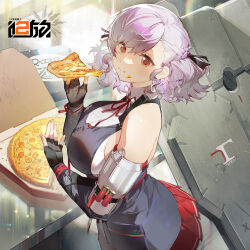Rule 34 | 1girl, artist request, bare shoulders, black gloves, breasts, commentary request, copyright name, eating, fingerless gloves, food, food on face, girls&#039; frontline, girls&#039; frontline 2: exilium, gloves, hair ribbon, highres, holding, holding food, holding pizza, large breasts, looking at viewer, medium hair, official art, pizza, pizza box, pleated skirt, purple hair, red eyes, red skirt, ribbon, shirt, shotgun shell, skirt, sleeveless, sleeveless shirt, smile, solo, spas-12 (girls&#039; frontline)