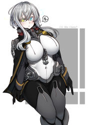 Rule 34 | 1girl, abyssal ship, adapted costume, black cape, black gloves, blue eyes, blush, breasts, cape, chain, feet out of frame, gloves, hair between eyes, heterochromia, highres, kantai collection, konoshige (ryuun), large breasts, long hair, long sleeves, navel, pale skin, parted lips, solo, white hair, wo-class aircraft carrier, yellow eyes