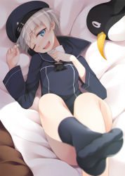 Rule 34 | 1girl, ;d, bed, blue dress, blue eyes, blue hat, blue socks, clothes writing, dress, failure penguin, feet, foreshortening, hand on own chest, hat, kantai collection, looking at viewer, lying, mofu namako, navy blue hat, no shoes, one eye closed, open mouth, pov, sailor dress, sailor hat, short hair, silver hair, smile, socks, solo, stuffed animal, stuffed penguin, stuffed toy, teeth, upper teeth only, z1 leberecht maass (kancolle)