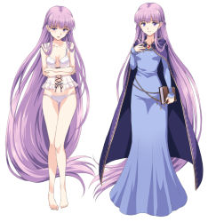Rule 34 | 1girl, absurdly long hair, barefoot, blue dress, book, breasts, cape, crossed arms, dress, fire emblem, fire emblem: the binding blade, full body, holding, holding book, lingerie, long hair, looking at viewer, multiple views, nintendo, panties, purple eyes, purple hair, rasahan, small breasts, sophia (fire emblem), underwear, very long hair