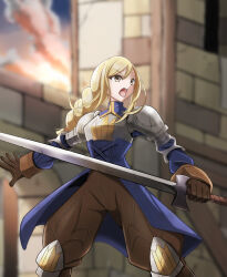 Rule 34 | 1girl, agrias oaks, armor, blonde hair, blurry, blurry background, braid, breastplate, brown eyes, brown gloves, brown pants, feet out of frame, final fantasy, final fantasy tactics, gloves, holding, holding sword, holding weapon, knee pads, knight, long hair, looking ahead, moyomoto frt, open mouth, pants, shoulder armor, solo, sword, upper body, weapon