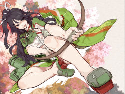 Rule 34 | 10s, 1girl, arrow (projectile), black hair, blue eyes, bow (weapon), crop top, floral background, furisode, hair ribbon, highres, japanese clothes, jitome, kantai collection, kariinu, katsuragi (kancolle), kimono, long hair, looking at viewer, midriff, no panties, open mouth, pleated skirt, ponytail, quiver, remodel (kantai collection), ribbon, skirt, smile, solo, weapon