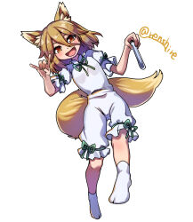 Rule 34 | 1girl, :d, animal ears, brown eyes, brown hair, commentary, fox ears, fox girl, fox shadow puppet, fox tail, full body, hair between eyes, highres, holding, holding test tube, jumpsuit, kudamaki tsukasa, looking at viewer, one-hour drawing challenge, open mouth, renshirenji, short hair, short sleeves, simple background, smile, socks, solo, tail, test tube, touhou, twitter username, white background, white jumpsuit, white socks