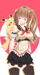Rule 34 | .live, 1girl, ^ ^, absurdres, belt, black belt, black sailor collar, black skirt, blush, bow, breasts, brown hair, brown shirt, brown thighhighs, closed eyes, collarbone, creatures (company), crossover, darjeeling (reley), frilled shirt, frills, game freak, gen 1 pokemon, green bow, grin, hair bow, highres, kakyouin chieri, large breasts, long hair, neckerchief, nintendo, pikachu, pokemon, pokemon (creature), puffy short sleeves, puffy sleeves, red background, red neckerchief, sailor collar, shirt, short sleeves, skirt, smile, thighhighs, twintails, two-tone background, virtual youtuber, white background