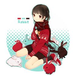 Rule 34 | 1girl, bag, blush, rabbit, looking at viewer, mituame, original, plaid, plaid scarf, red eyes, red scarf, scarf, short hair, sitting, skirt, smile, solo, twintails, wariza