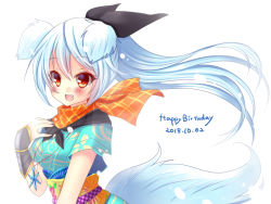 Rule 34 | 1girl, animal ears, fang, japanese clothes, long hair, meiya neon, red eyes, silver hair, solo, tail