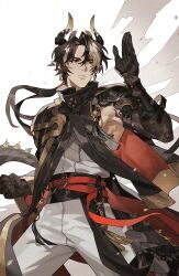 Rule 34 | 1boy, arknights, armor, armpits, belt, black cloak, black hair, black skin, chong yue (arknights), clenched hand, cloak, colored skin, commentary, cowboy shot, dragon boy, dragon horns, dragon tail, hand up, highres, horns, long hair, male focus, multicolored hair, pants, parted bangs, pointy ears, ponytail, red belt, shirt, shoulder armor, simple background, solo, streaked hair, tail, tecchen, white background, white hair, white pants, white shirt