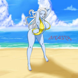 Rule 34 | 10s, 1girl, angel (dragon ball), beach, bikini, blue skin, breasts, cleavage, cloud, colored skin, colorized, dicasty, dragon ball, dragon ball super, eyelashes, large breasts, lipstick, long hair, looking at viewer, makeup, mikoshin (dragon ball), ocean, open mouth, outdoors, parted lips, ponytail, purple eyes, purple lips, shadow, shiny skin, sky, smile, solo, swimsuit, tongue, water, white hair, yellow bikini